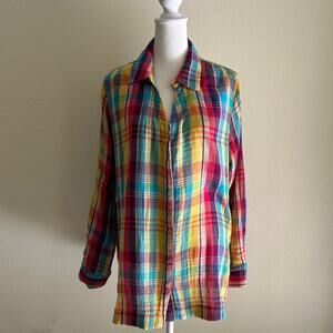 Soft Surrounding Shirt Button Down Colorful Paid Cotton Gauze Artsy Lagenlook